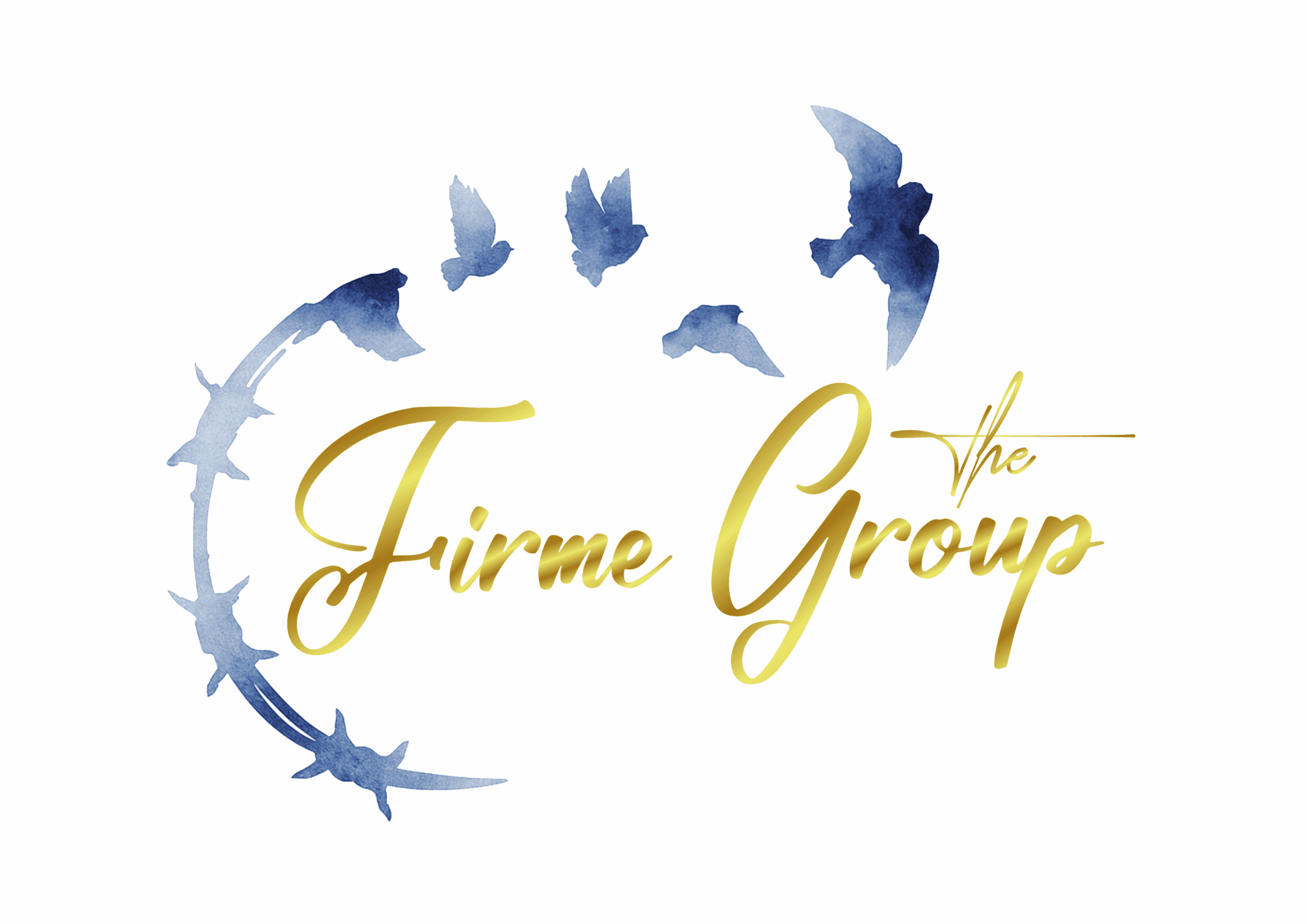 Gold text with blue birds design.