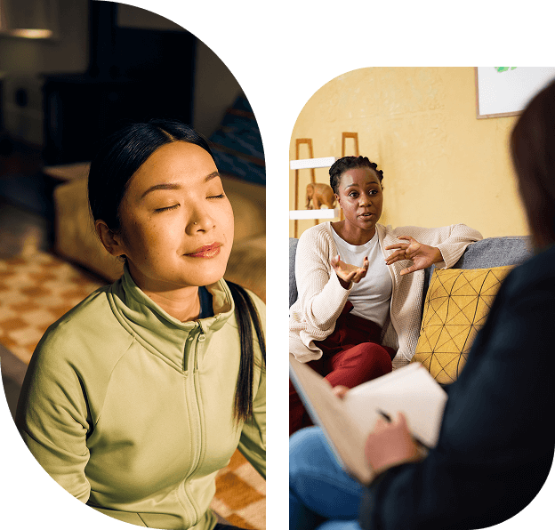 Woman meditating; two women in conversation.