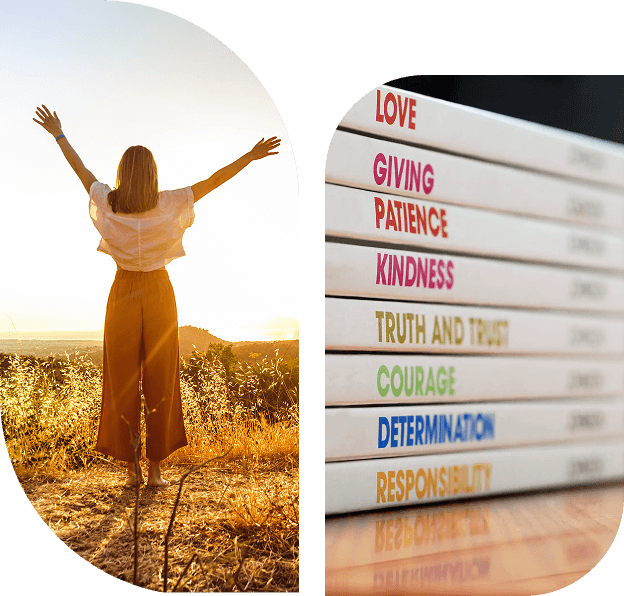 Person embracing sunset, motivational books stack.