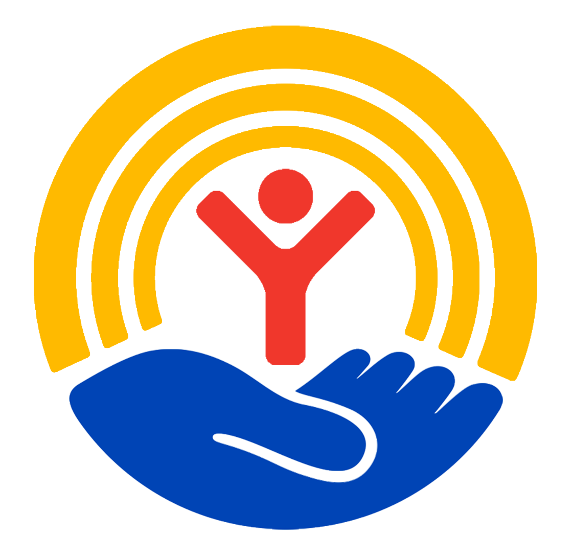 Logo with hand, person, and arcs.