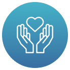 Hands holding heart icon on blue background.