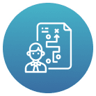 Person with strategic plan icon on blue.