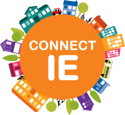 Connect IE logo with colorful buildings circle.