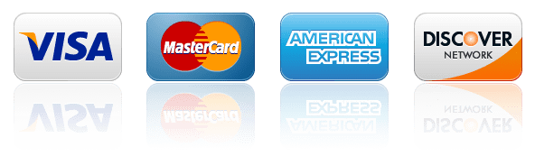 Credit card logos: Visa, MasterCard, American Express, Discover.